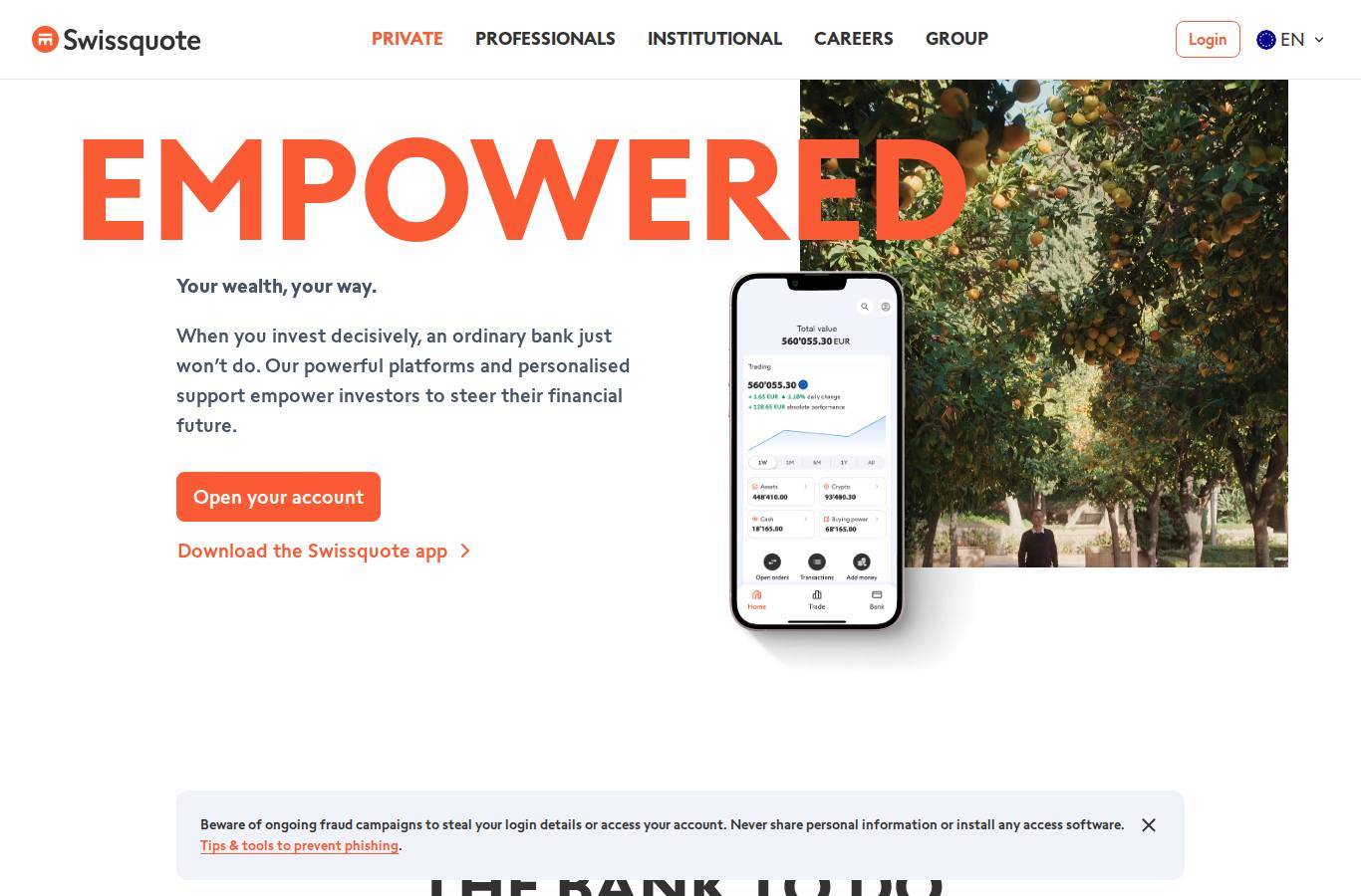 The platform page on the Swissquote website