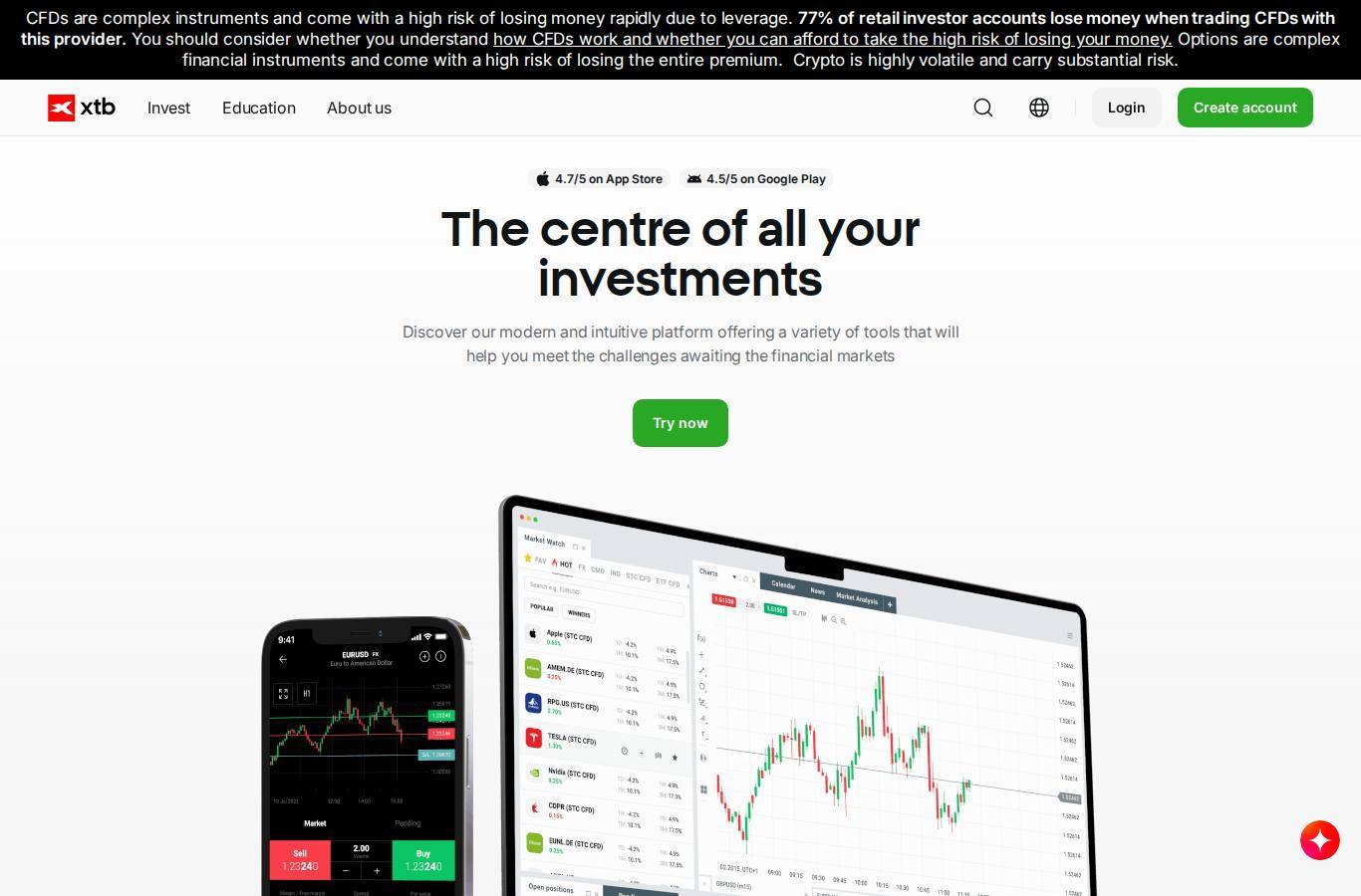 The platform page on the XTB website