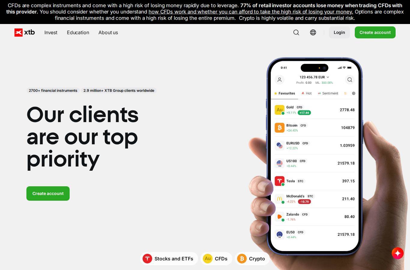 Screenshot of the XTB website